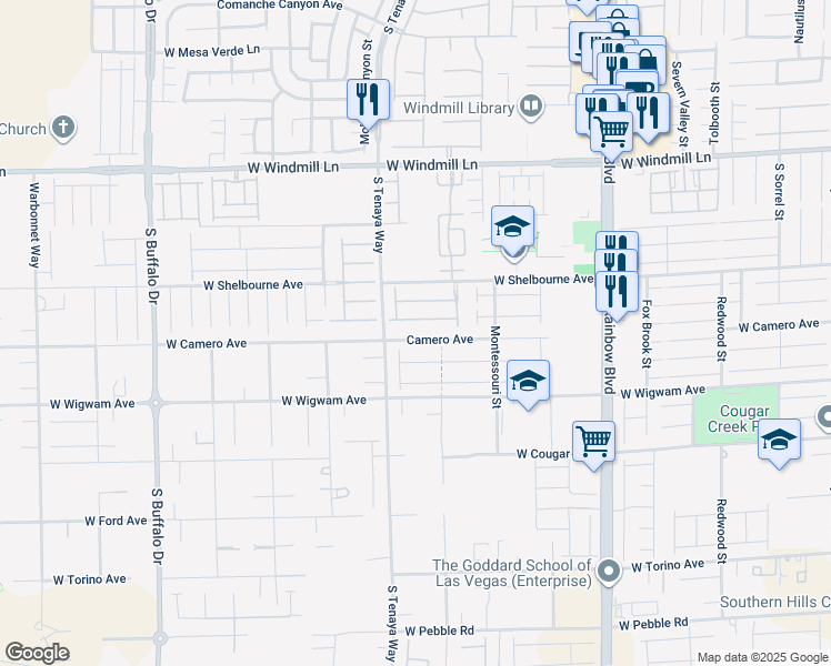 map of restaurants, bars, coffee shops, grocery stores, and more near 7294 West Camero Avenue in Las Vegas