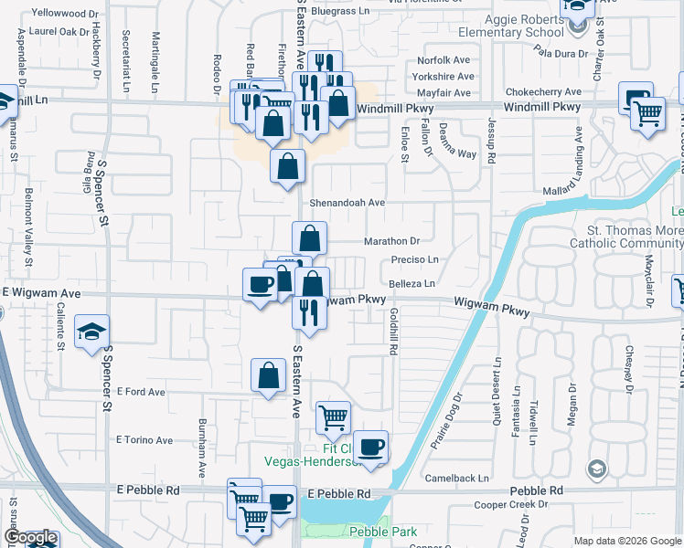 map of restaurants, bars, coffee shops, grocery stores, and more near 112 Gooseberry Lane in Henderson