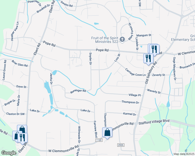 map of restaurants, bars, coffee shops, grocery stores, and more near 1736 Village Place in Winston-Salem