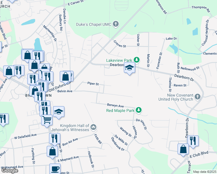 map of restaurants, bars, coffee shops, grocery stores, and more near 806 Piper Street in Durham