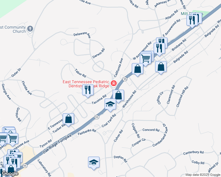 map of restaurants, bars, coffee shops, grocery stores, and more near 91 California Avenue in Oak Ridge