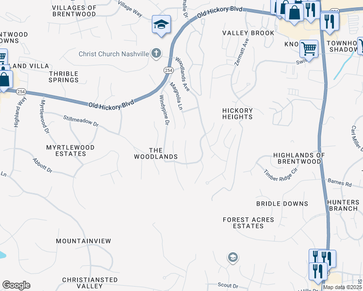 map of restaurants, bars, coffee shops, grocery stores, and more near 1029 Elmshade Lane in Nashville