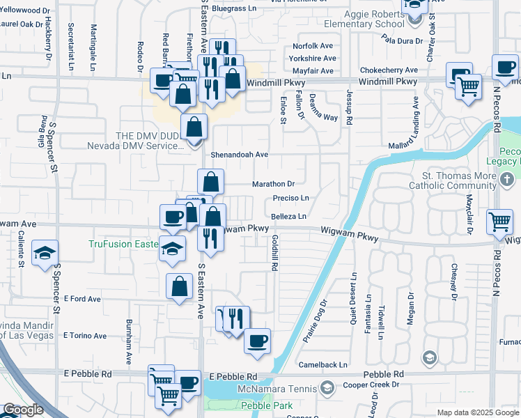 map of restaurants, bars, coffee shops, grocery stores, and more near 109 Ayesha Lane in Henderson