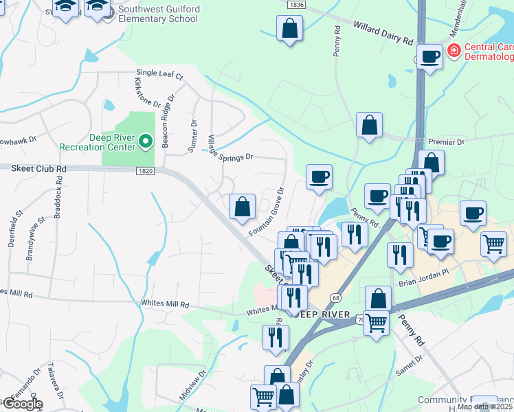 map of restaurants, bars, coffee shops, grocery stores, and more near 3927 Fountain Village Lane in High Point