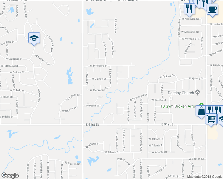 map of restaurants, bars, coffee shops, grocery stores, and more near 1625 S Laurel Ave in Broken Arrow
