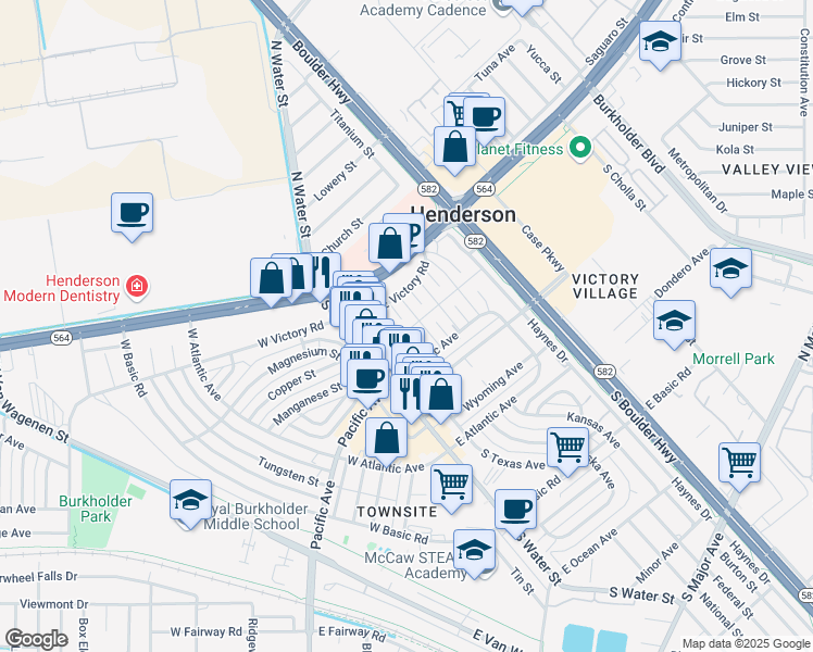 map of restaurants, bars, coffee shops, grocery stores, and more near 22 Washington Way in Henderson