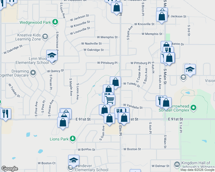 map of restaurants, bars, coffee shops, grocery stores, and more near 1549 S Fern Pl in Broken Arrow