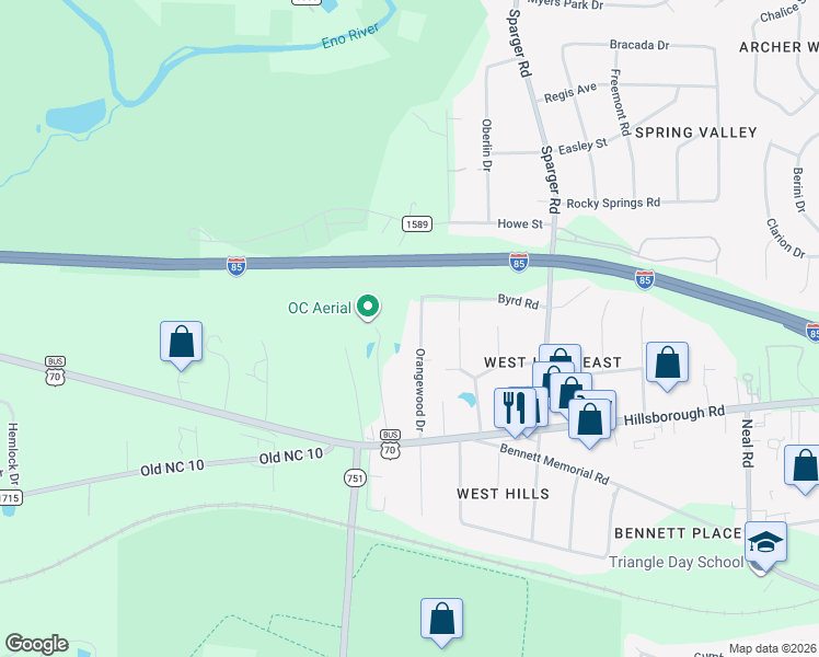 map of restaurants, bars, coffee shops, grocery stores, and more near 2423 Orangewood Drive in Durham