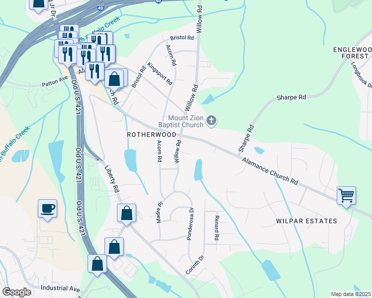 map of restaurants, bars, coffee shops, grocery stores, and more near 1303 Cartwright Drive in Greensboro