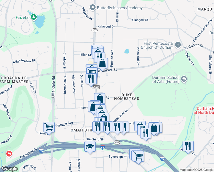 map of restaurants, bars, coffee shops, grocery stores, and more near 2623 Lombard Avenue in Durham