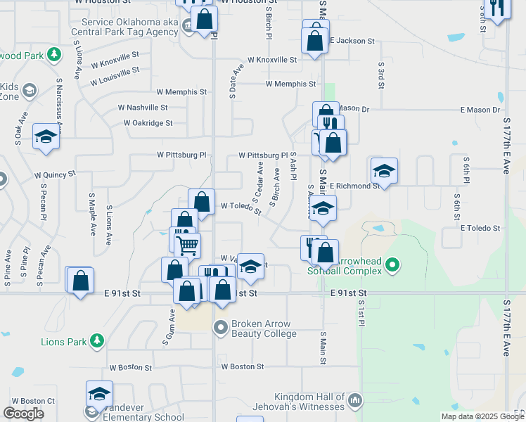 map of restaurants, bars, coffee shops, grocery stores, and more near 1666 South Birch Avenue in Broken Arrow