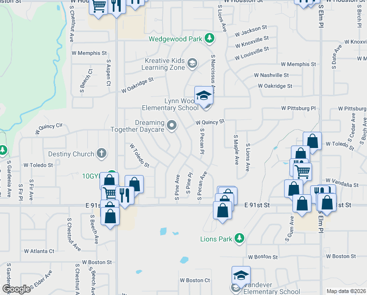 map of restaurants, bars, coffee shops, grocery stores, and more near 1669 South Poplar Avenue in Broken Arrow