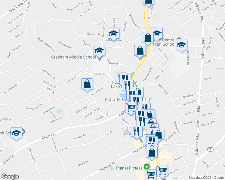 map of restaurants, bars, coffee shops, grocery stores, and more near 5507 Fountain Road in Knoxville