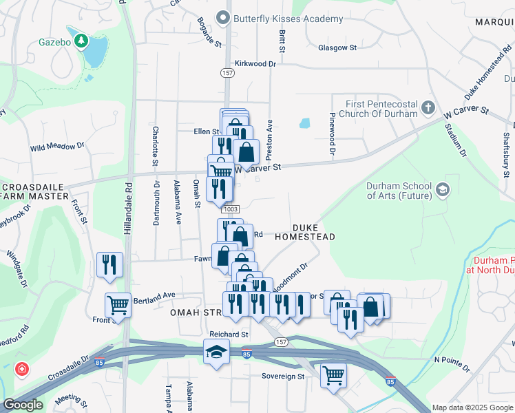 map of restaurants, bars, coffee shops, grocery stores, and more near 2623 Lombard Avenue in Durham