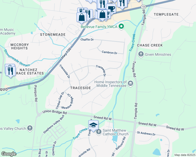 map of restaurants, bars, coffee shops, grocery stores, and more near 5648 Traceside Drive in Nashville