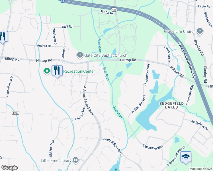 map of restaurants, bars, coffee shops, grocery stores, and more near 5 Rosecliff Court in Greensboro