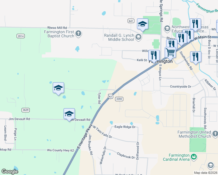 map of restaurants, bars, coffee shops, grocery stores, and more near 12849 Tyler Road in Farmington