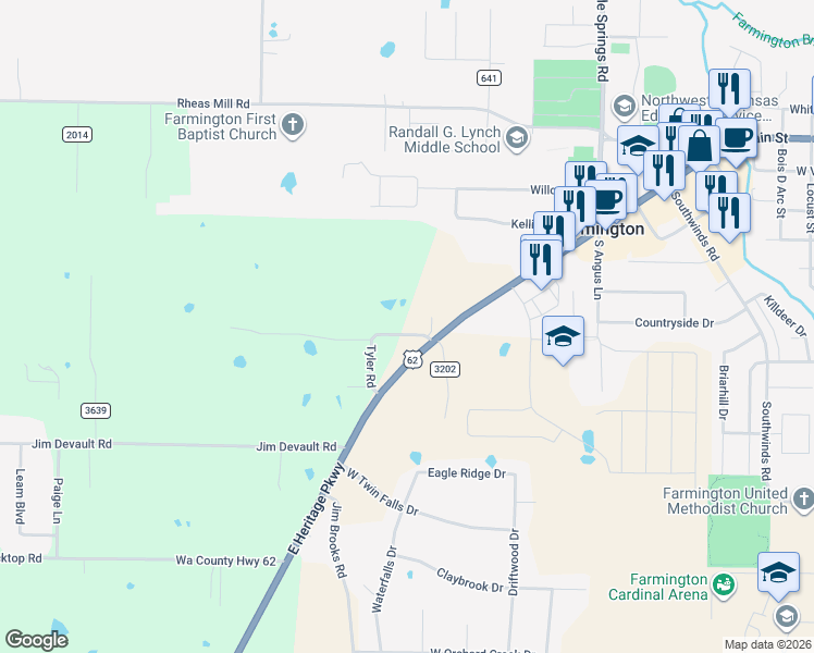 map of restaurants, bars, coffee shops, grocery stores, and more near 12849 Tyler Road in Farmington