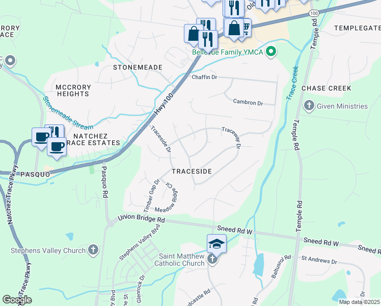 map of restaurants, bars, coffee shops, grocery stores, and more near 6117 Deerbrook Drive in Nashville