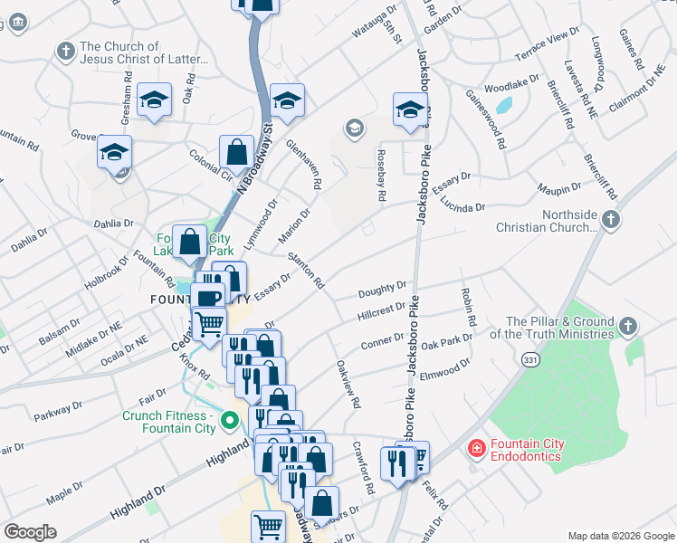 map of restaurants, bars, coffee shops, grocery stores, and more near Gibbs Drive in Knoxville