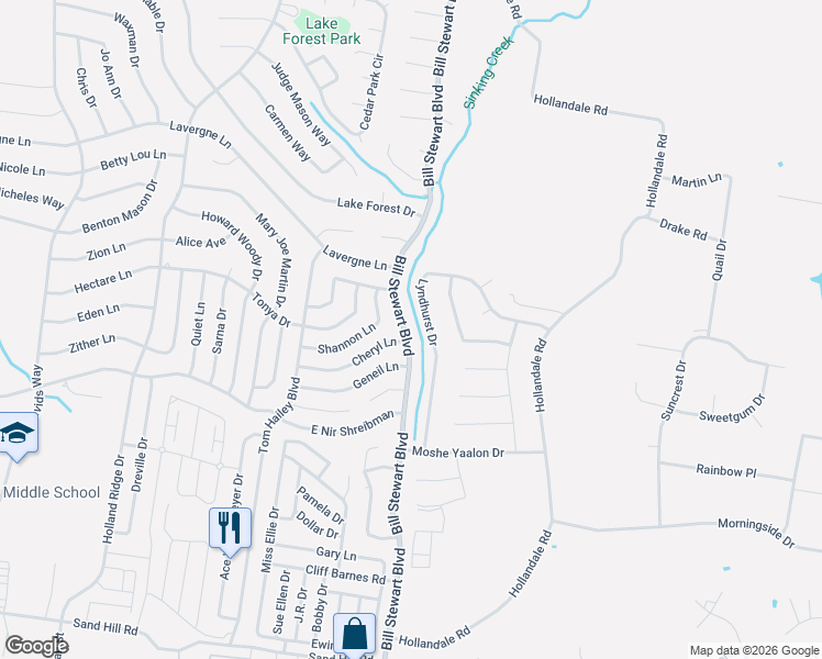 map of restaurants, bars, coffee shops, grocery stores, and more near 209 Bill Stewart Blvd in La Vergne