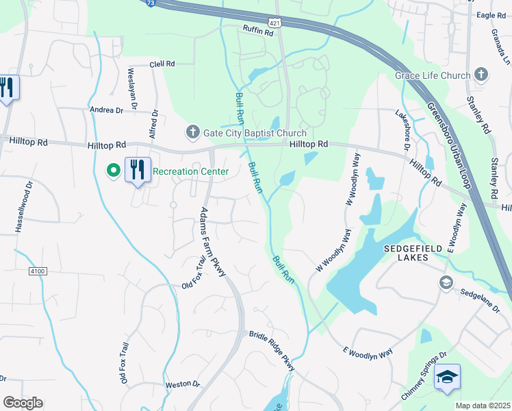 map of restaurants, bars, coffee shops, grocery stores, and more near 5 Rosecliff Court in Greensboro