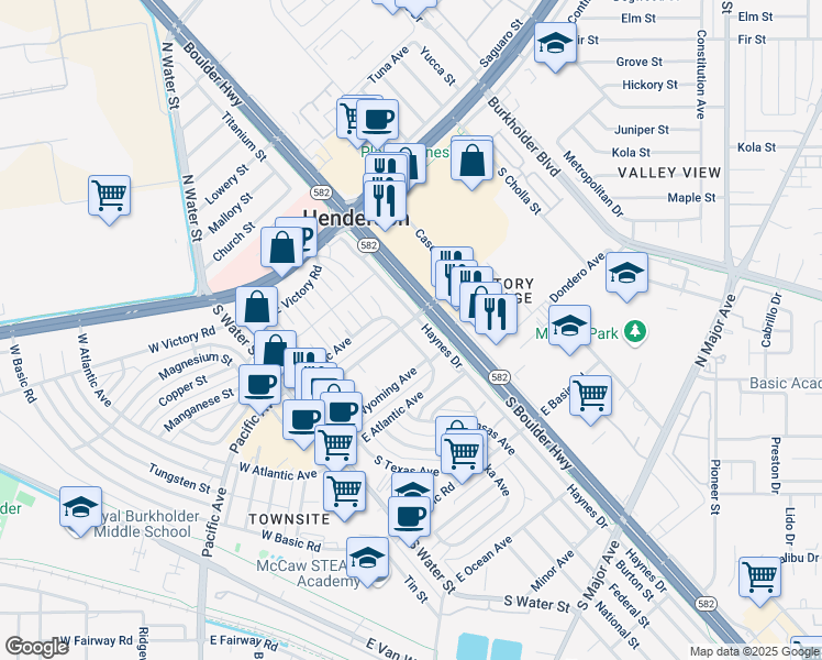 map of restaurants, bars, coffee shops, grocery stores, and more near 123 East Pacific Avenue in Henderson