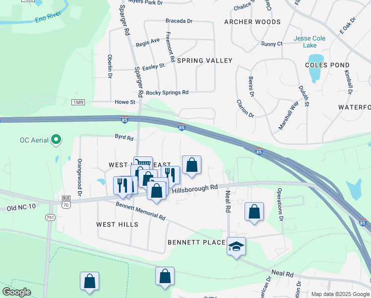 map of restaurants, bars, coffee shops, grocery stores, and more near 2303 Anthony Drive in Durham