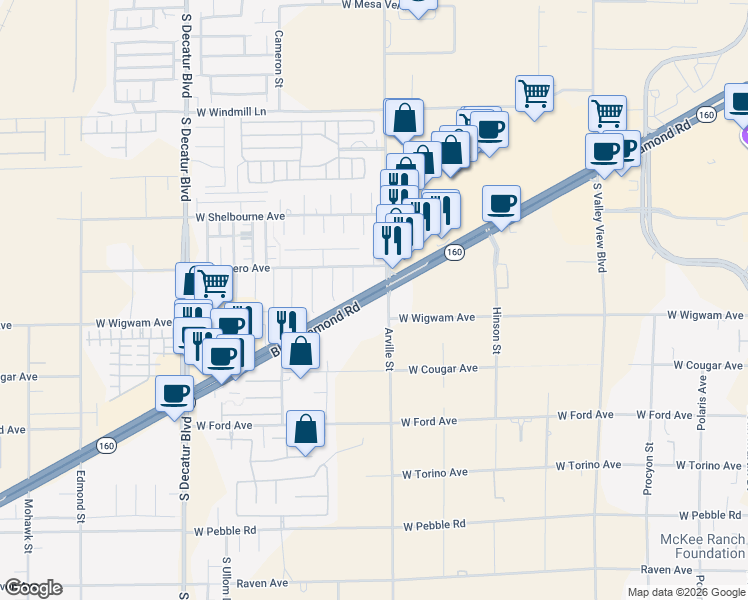 map of restaurants, bars, coffee shops, grocery stores, and more near 4415 Nevada 160 in Las Vegas