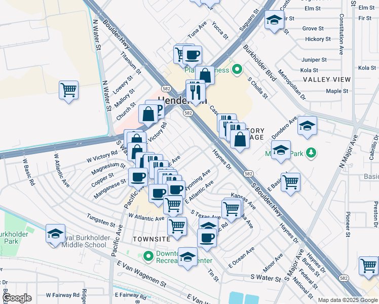 map of restaurants, bars, coffee shops, grocery stores, and more near 67 East Pacific Avenue in Henderson