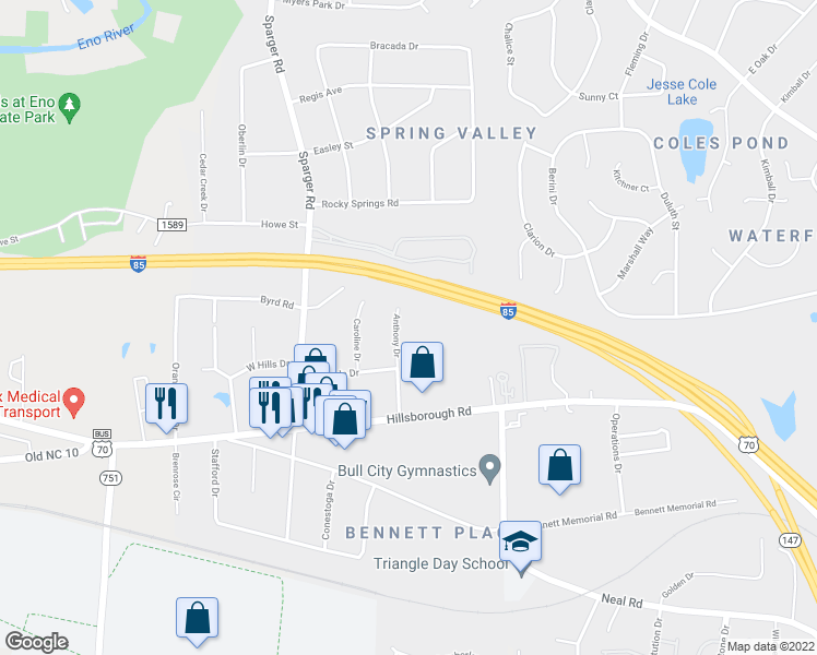 map of restaurants, bars, coffee shops, grocery stores, and more near 2303 Anthony Drive in Durham