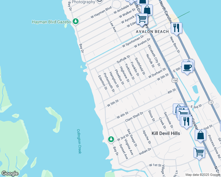 map of restaurants, bars, coffee shops, grocery stores, and more near 2012 Portsmouth Street in Kill Devil Hills