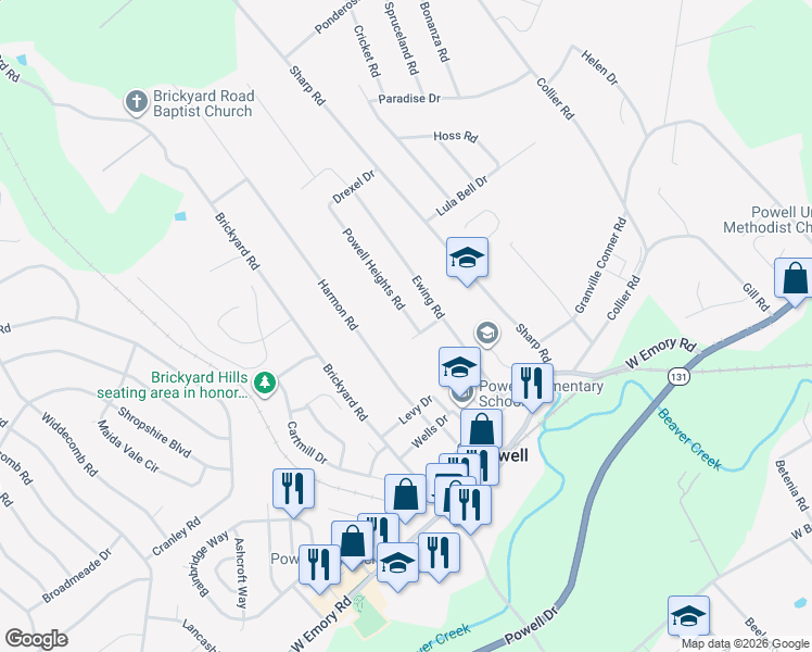 map of restaurants, bars, coffee shops, grocery stores, and more near 7905 Powell Heights Road in Powell