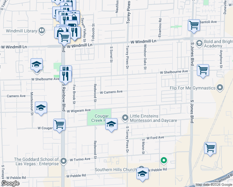 map of restaurants, bars, coffee shops, grocery stores, and more near 6571 West Camero Avenue in Las Vegas