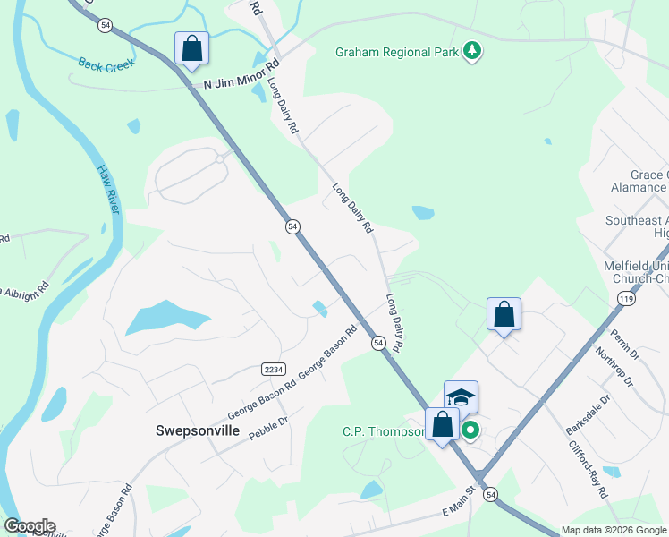 map of restaurants, bars, coffee shops, grocery stores, and more near 2202 North Carolina 54 in Graham
