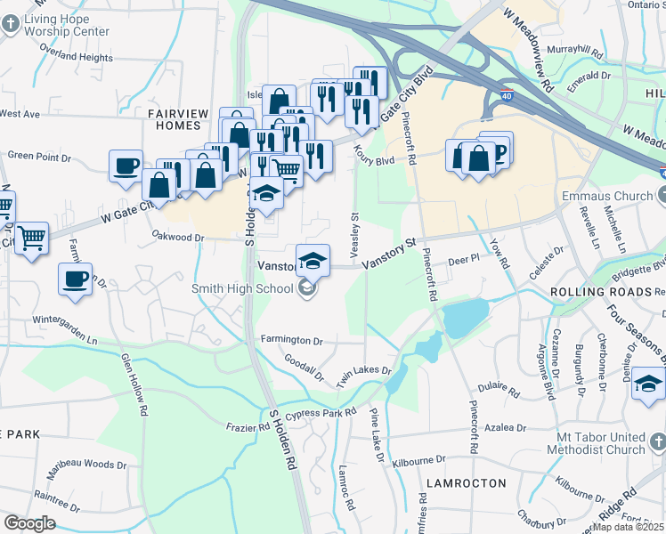 map of restaurants, bars, coffee shops, grocery stores, and more near 2816 Vanstory Street in Greensboro