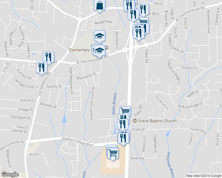 map of restaurants, bars, coffee shops, grocery stores, and more near 1409 Pleasant Fork Church Road in Winston-Salem