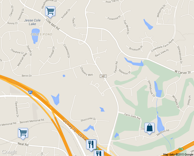 map of restaurants, bars, coffee shops, grocery stores, and more near 1519 Cole Mill Road in Durham