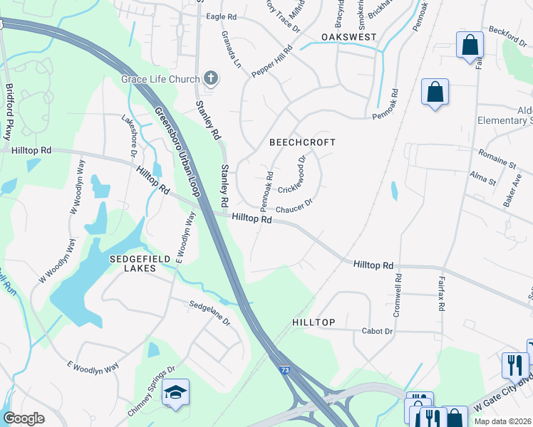 map of restaurants, bars, coffee shops, grocery stores, and more near 4901 Chaucer Drive in Greensboro