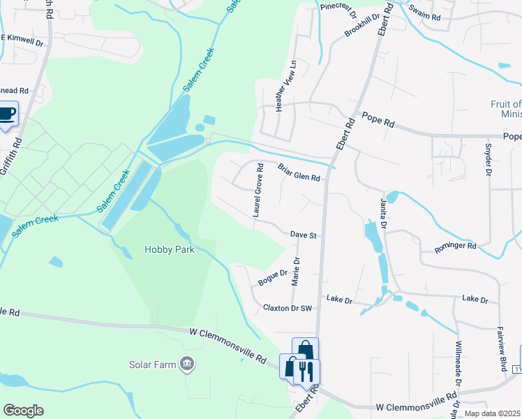 map of restaurants, bars, coffee shops, grocery stores, and more near 3905 Laurel Grove Road in Winston-Salem