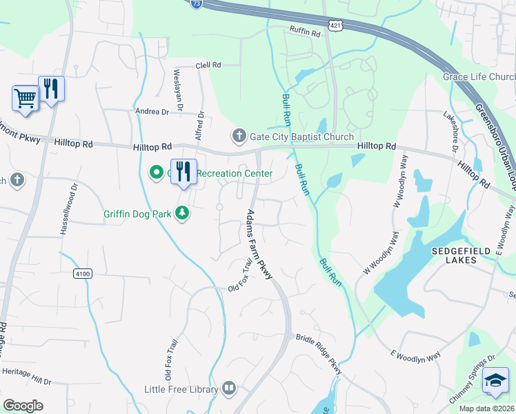 map of restaurants, bars, coffee shops, grocery stores, and more near 4 Coopers Ridge Court in Greensboro