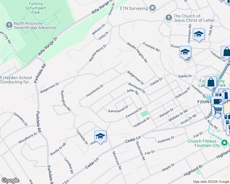map of restaurants, bars, coffee shops, grocery stores, and more near 2116 Bernhurst Drive in Knoxville