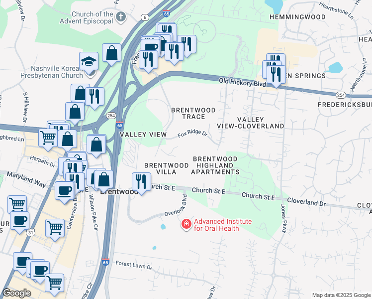 map of restaurants, bars, coffee shops, grocery stores, and more near 247 Plum Nelly Circle in Brentwood