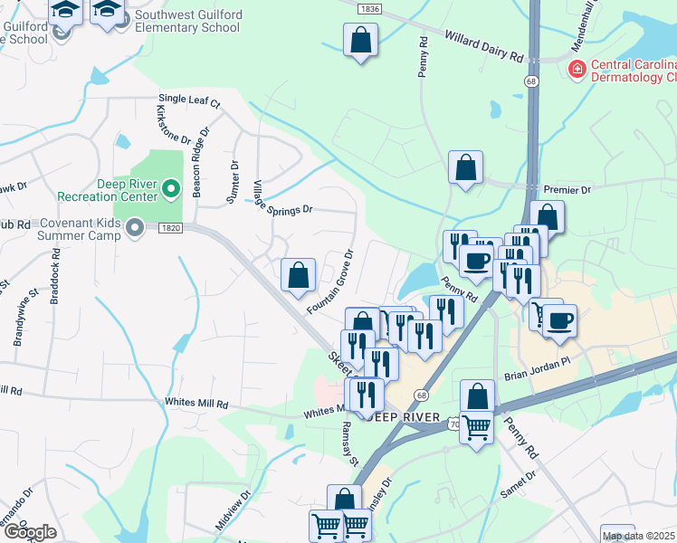 map of restaurants, bars, coffee shops, grocery stores, and more near 3934 Fountain Village Circle in High Point