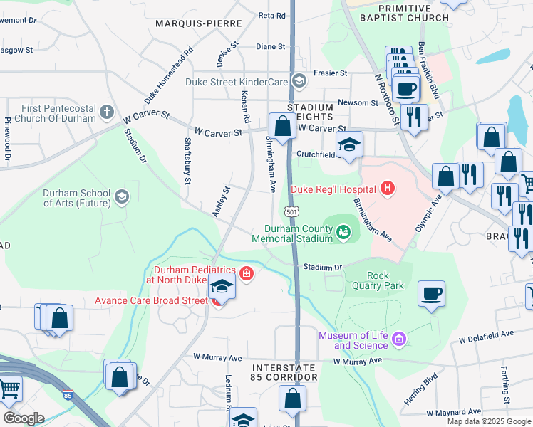 map of restaurants, bars, coffee shops, grocery stores, and more near 1817 Birmingham Avenue in Durham