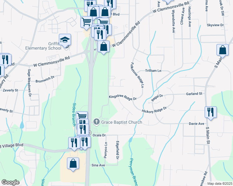 map of restaurants, bars, coffee shops, grocery stores, and more near 1021 Kingstree Ridge Drive in Winston-Salem