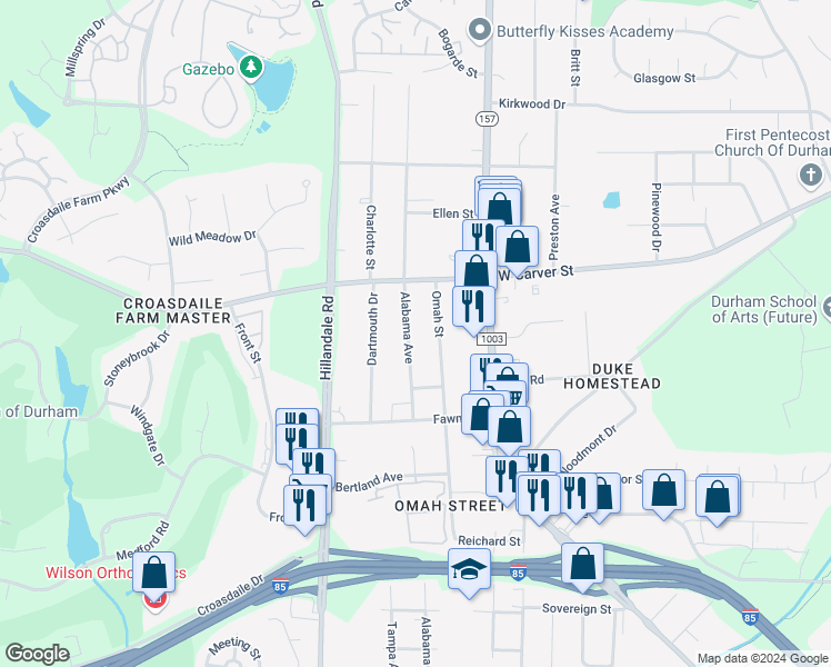 map of restaurants, bars, coffee shops, grocery stores, and more near 3012 Alabama Avenue in Durham