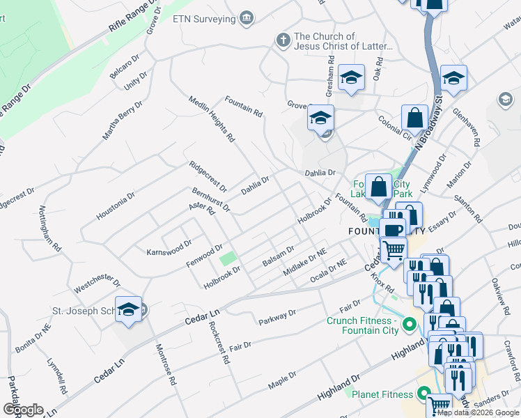 map of restaurants, bars, coffee shops, grocery stores, and more near 2500 Bernhurst Drive in Knoxville