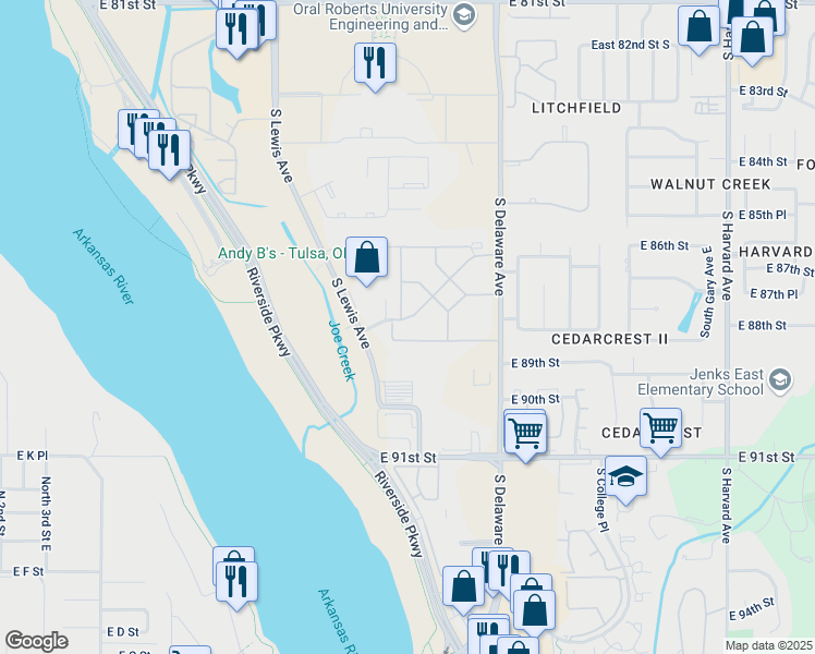map of restaurants, bars, coffee shops, grocery stores, and more near 2502 East 88th Street in Tulsa