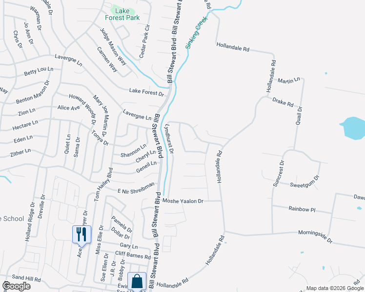 map of restaurants, bars, coffee shops, grocery stores, and more near 1114 Harmony Lane in La Vergne